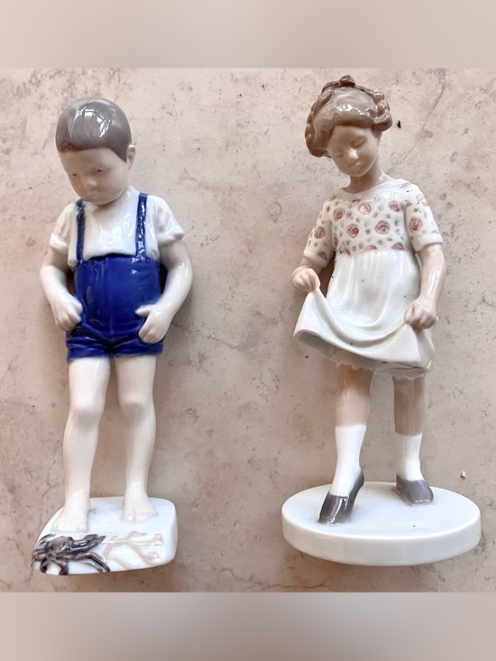 Porcelain Boy and Girl Figurine Pair - Blue White Cream